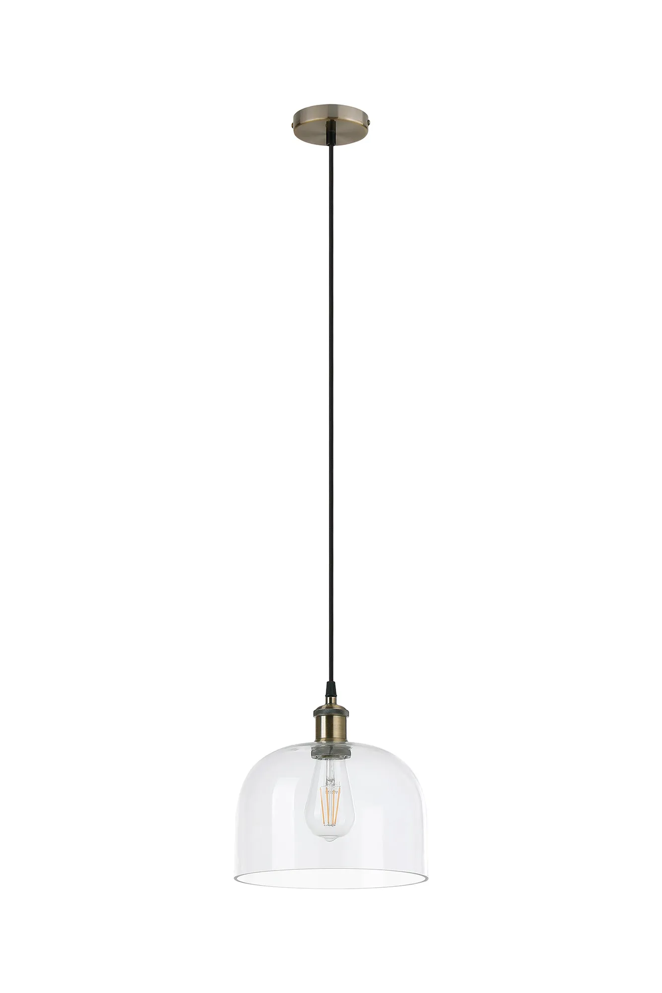 Cawdor Single Pendant, 1 Light E27, Antique Brass/Black/Clear Cloche Glass DK1138  Deco Cawdor